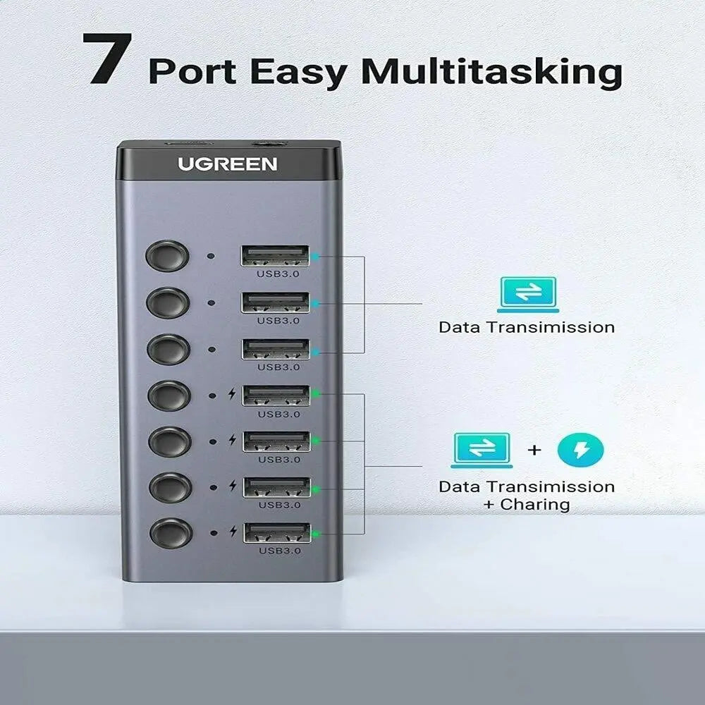 UGREEN 7-Port USB 3.0 Hub Independent Switch 24W Power Supply 12V/2A Charging Data Transfer MacBook Surface Pro7 (90307)