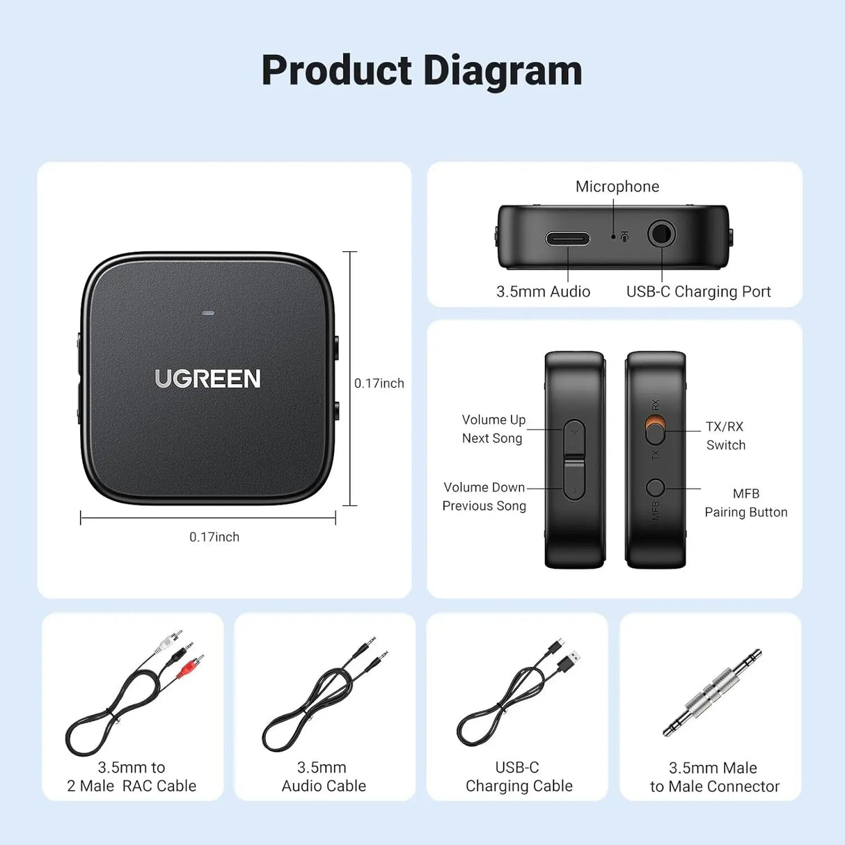 UGREEN Bluetooth 5.2 Transmitter / Receiver For TV, Dual Pair, compatible with Airpods Earbuds Speaker, Bluetooth Headphone Adapter For Airplane, TV Audio, PC, MP3, and Gym (35223) - Ugreen India