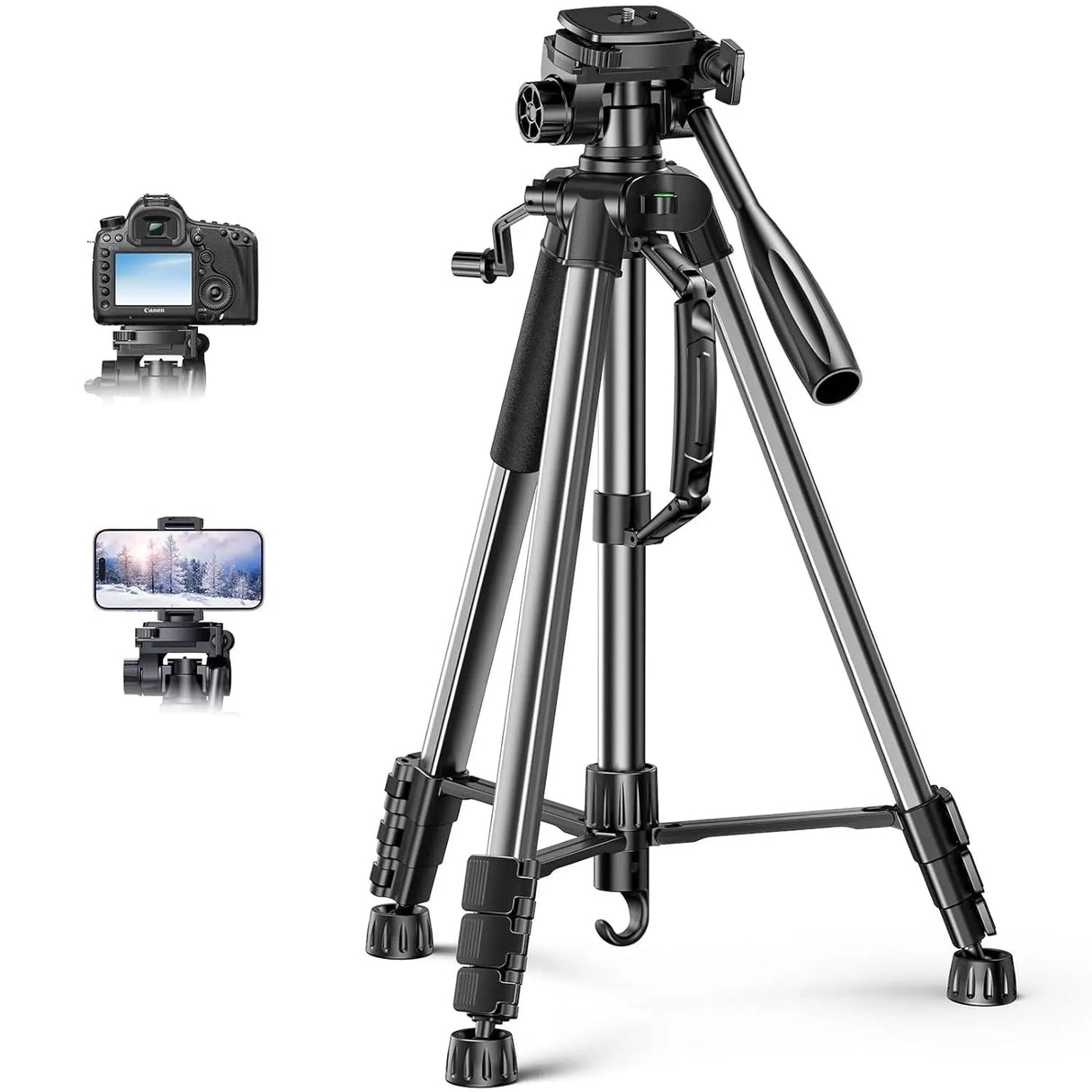 UGREEN Camera Tripod, Adjustable 53.5–175cm Aluminum Travel Tripod Stand with 3 - Way Pan Head, Quick Release Plate, Phone Holder & Carry Bag, Compatible with DSLR, Camera, iPhone, Android – Black (15187) - Ugreen India