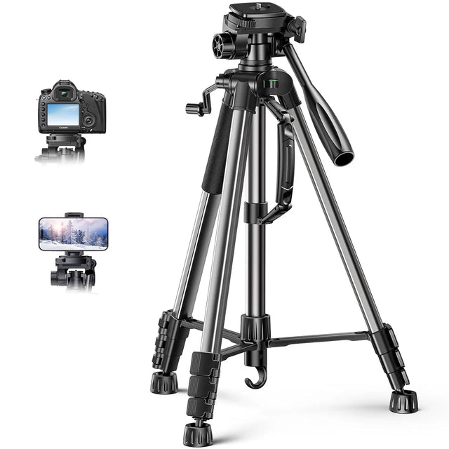UGREEN Camera Tripod, Adjustable 53.5–175cm Aluminum Travel Tripod Stand with 3 - Way Pan Head, Quick Release Plate, Phone Holder & Carry Bag, Compatible with DSLR, Camera, iPhone, Android – Black (15187) - Ugreen India