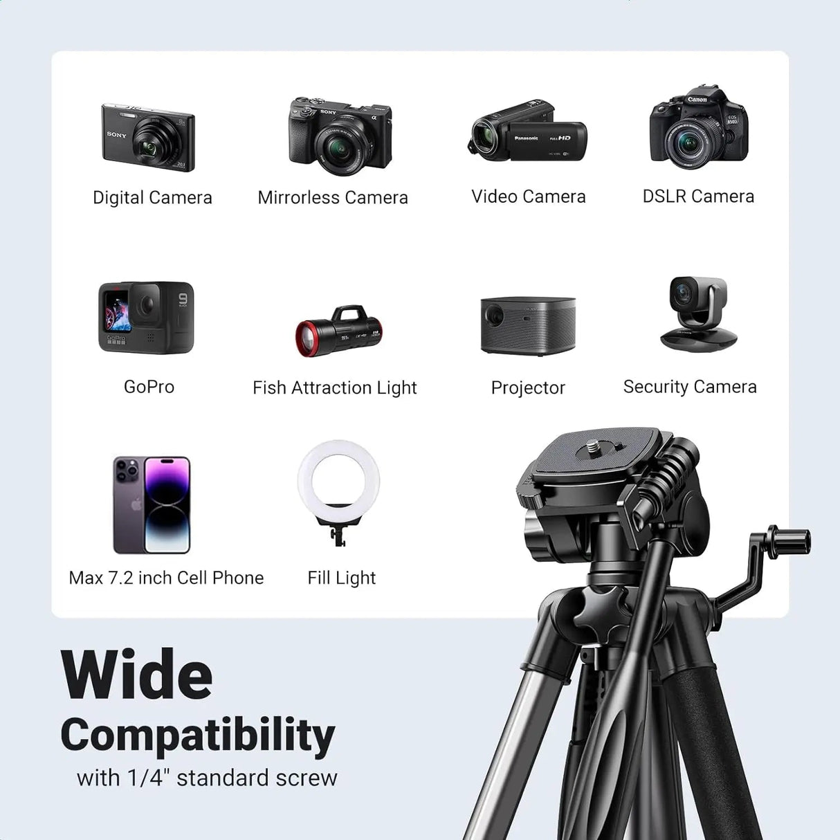 UGREEN Camera Tripod, Adjustable 53.5–175cm Aluminum Travel Tripod Stand with 3 - Way Pan Head, Quick Release Plate, Phone Holder & Carry Bag, Compatible with DSLR, Camera, iPhone, Android – Black (15187) - Ugreen India