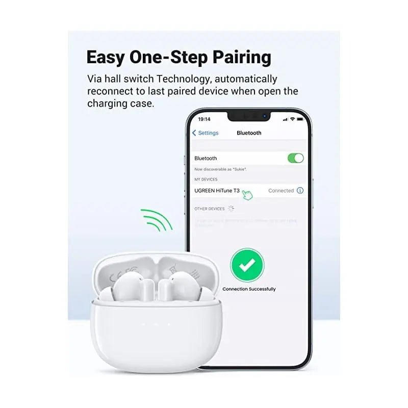 UGREEN HiTune T3 ANC Wireless Earbuds, Bluetooth 5.2 in - Ear Headphones with Active Noise Cancelling, Transparency Mode, Deep Bass, Clear Calls, Touch Control, 24H Playtime, USB - C Fast Charging – White (90206) - Ugreen India