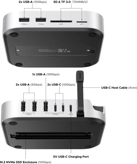 UGREEN Mac mini M4 Dock, 11 - in - 1 USB C Hub with 8TB M.2 NVMe Enclosure 10Gbps, 5X USB - A and 2X Type C Data Ports, SD/TF Card Slot, Docking Station & Stand for Mac mini M4/M4 Pro (65487) - Ugreen India
