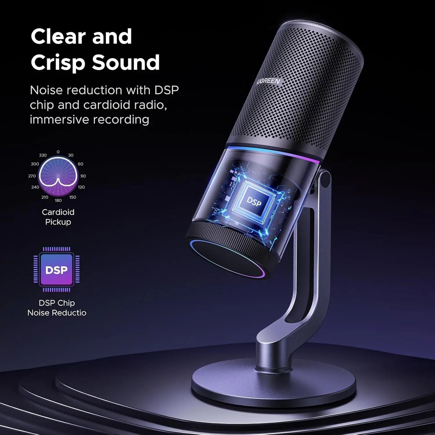 UGREEN CM769 cardioid microphone with DSP noise reduction for focused voice pickup