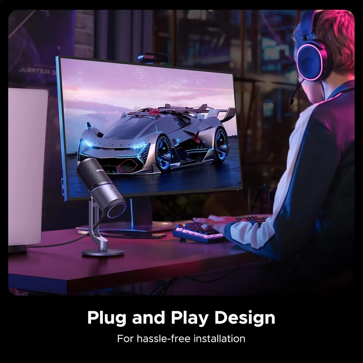 UGREEN CM769 plug-and-play USB microphone in a desktop PC gaming setup