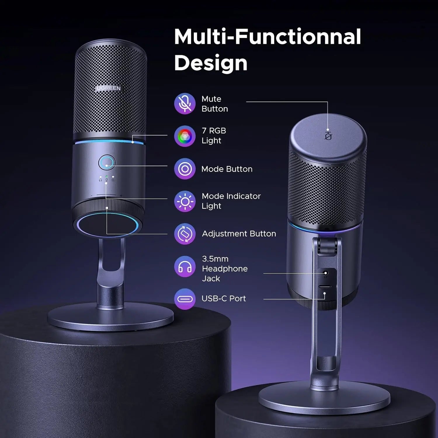 UGREEN CM769 controls including mute, mode button, adjustment knob, headphone jack and USB-C port