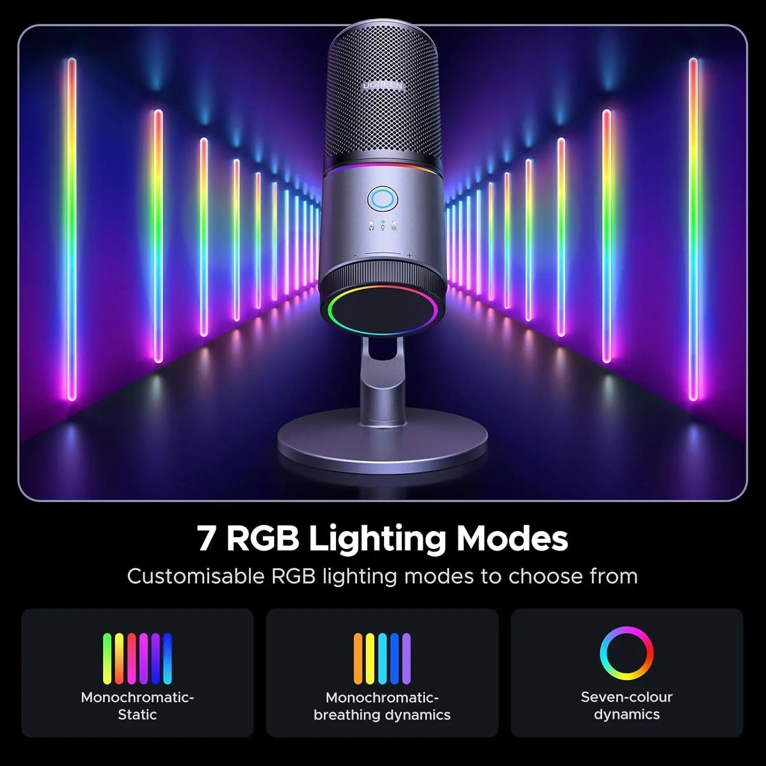 UGREEN CM769 USB microphone displaying seven adjustable RGB lighting modes