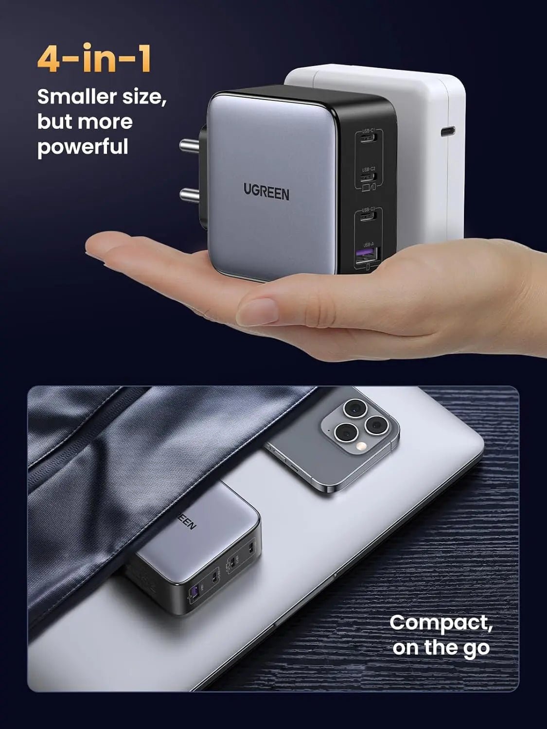 UGREEN Nexode 100W USB - C Charger, 4 - Port GaN II Fast Charging Block with 3×USB - C & 1×USB - A, Compact Wall Charger for MacBook Pro, iPhone 15, iPad, Galaxy, Steam Deck & Laptops (15254) - Ugreen India