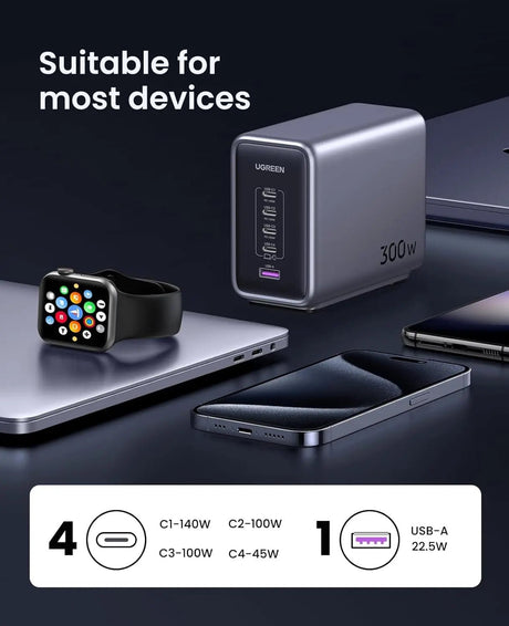 UGREEN Nexode 300W USB - C GaN Tech PD 3.1 Fast Charger, Desktop Charging Station with 5 Ports (4×USB - C + 1×USB - A), Ultra - Powerful for MacBook Pro, iPhone 15, iPad, Galaxy, Steam Deck & Laptops (90903B) - Ugreen India