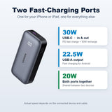 UGREEN PB502 25185 power bank ports: 30W USB-C in and out, 22.5W USB-A, 20W shared