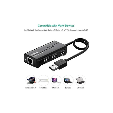 UGREEN RJ45 Ethernet Adapter with 3 - Port USB 2.0 Hub, 100Mbps USB Network Adapter for Laptop, MacBook, Windows, Linux, Switch, Supports Wired Internet Connection and Peripheral Expansion (20264) - Ugreen India