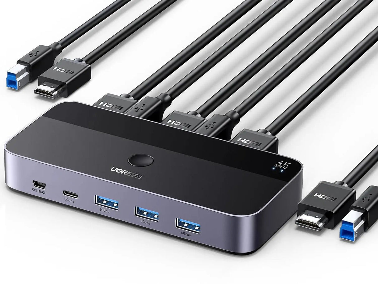 UGREEN USB 3.0 KVM Switch HDMI 2 - in - 1, 4K@60Hz KVM Box with 3× USB - A 3.0 & 1× USB - C Ports, Supports Keyboard, Mouse, Monitor Sharing Between 2 Computers/Laptops – Model 15707 - Ugreen India