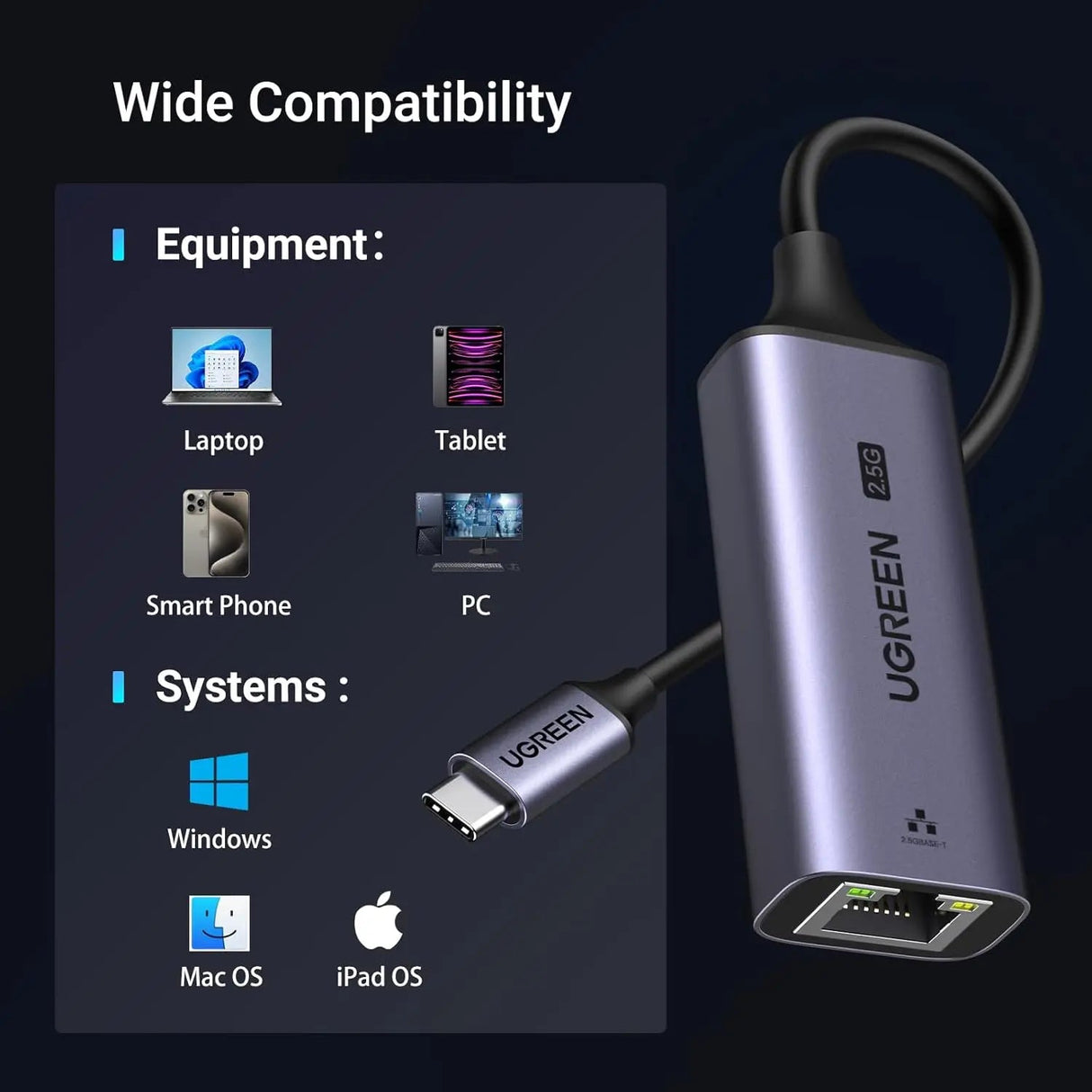 UGREEN USB C to Ethernet Adapter 2.5G,Ethernet Adapter for Laptop,Aluminum,Type C (Thunderbolt 4/3) to Rj45 Network Internet LAN Adapter,Compatible for NAS,MacBook Air/Pro,XPS,iPhone 15 Pro/Max,Grey (25052) - Ugreen India
