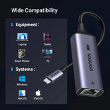 UGREEN USB C to Ethernet Adapter 2.5G,Ethernet Adapter for Laptop,Aluminum,Type C (Thunderbolt 4/3) to Rj45 Network Internet LAN Adapter,Compatible for NAS,MacBook Air/Pro,XPS,iPhone 15 Pro/Max,Grey (25052) - Ugreen India