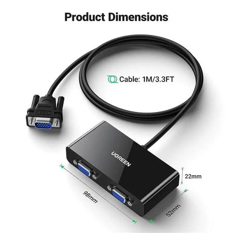 UGREEN VGA Splitter 1 In 2 Out, Full HD 1080p Video Duplicator Adapter with 1× VGA Input and 2× VGA Outputs, Supports Monitor, Projector, HDTV, PC, Laptop – Durable ABS Housing (20918) - Ugreen India