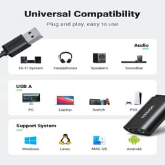UGREEN USB 2.0 External Stereo Sound Card Adapter With 3.5mm Headphone And Microphone Jack For Windows, Mac, Linux, PC, Laptops, Desktops, PS4 - Black (30724)